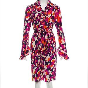 Diane Von Furstenburg DVF Manala pink print silk button up ruffle dress 4